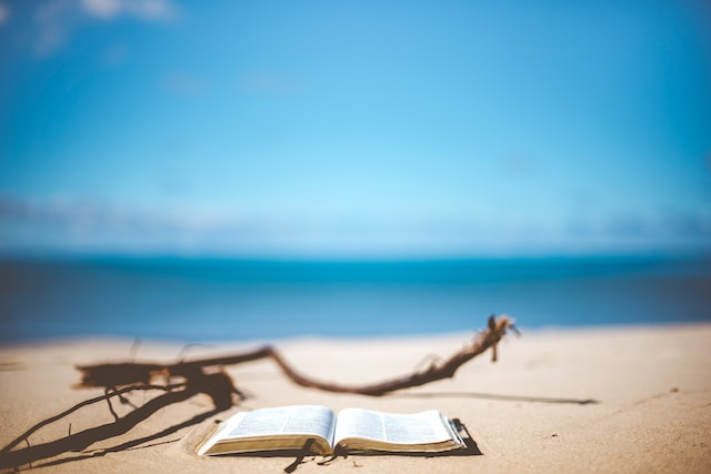 Bücher für den Urlaub: Buch liegt am Strand